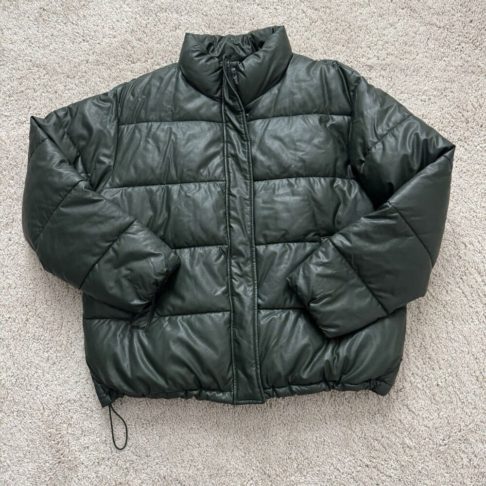 A New Day Faux Leather Puffer Coat Green- Size Large